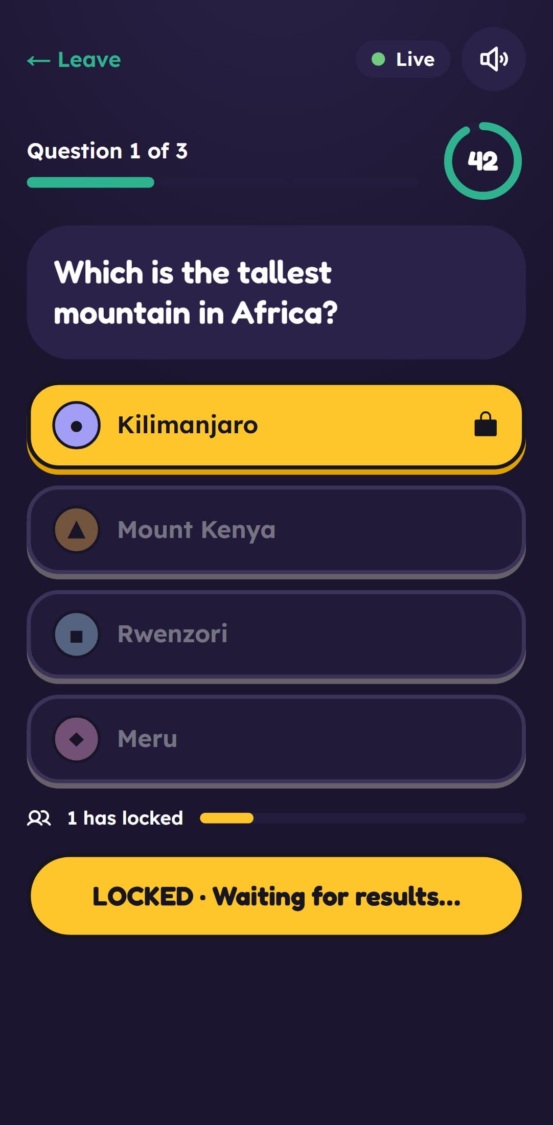 An answer locked in, with the button saying Locked