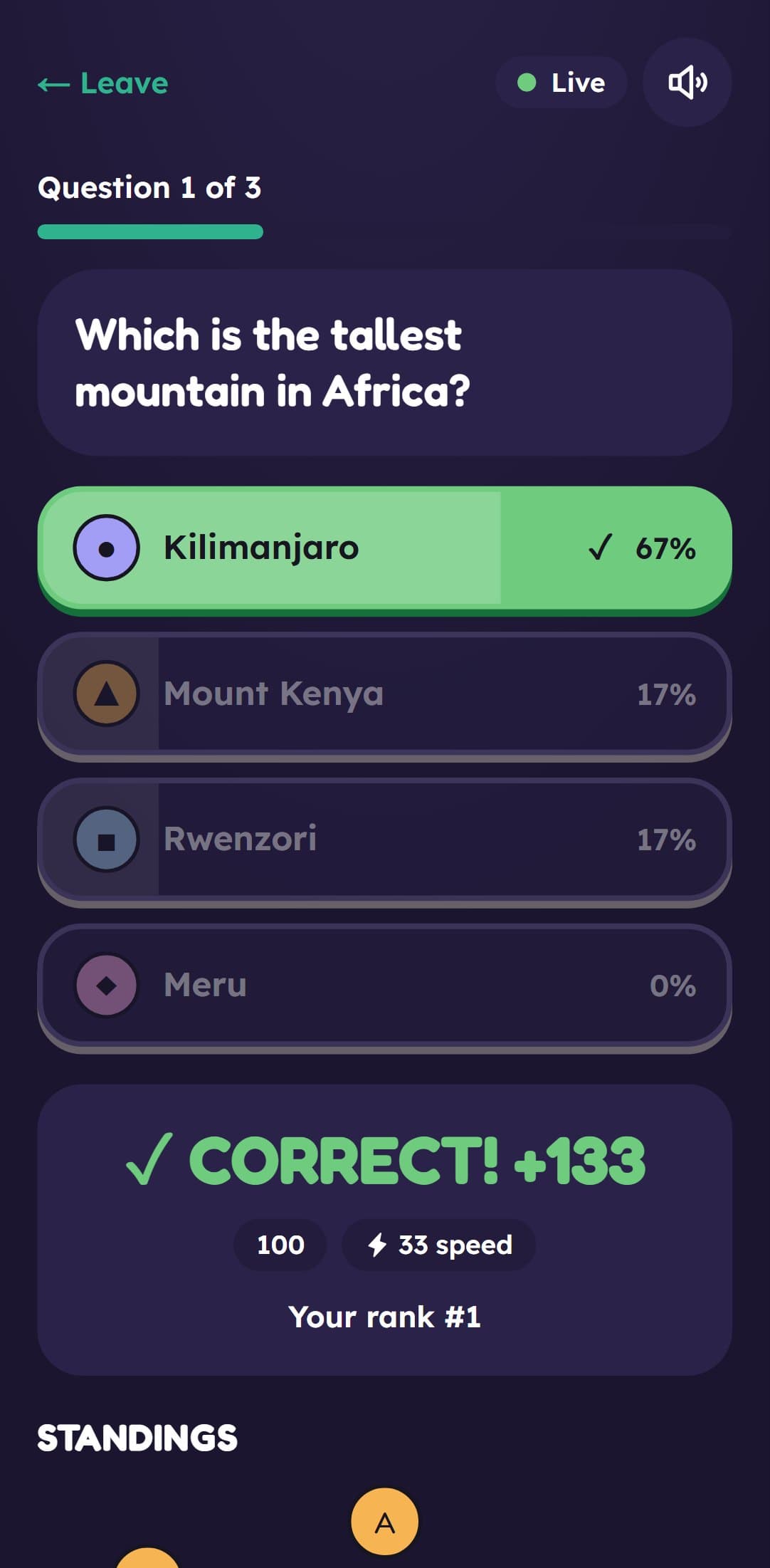 The result: the right answer, your points and your rank
